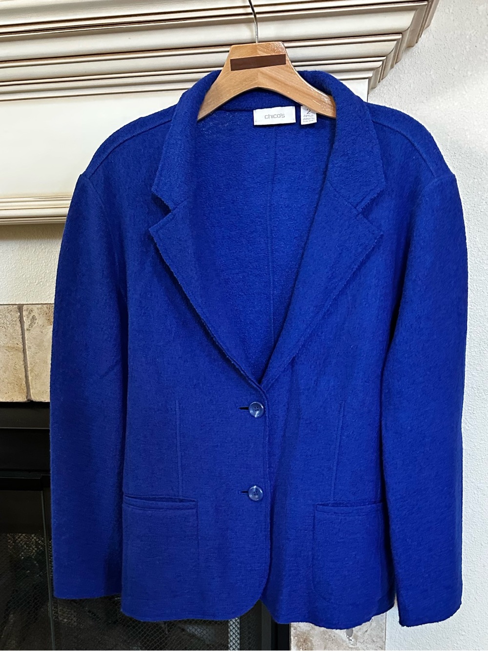 Chico’s Cobalt Blue Blazer Jacket Button Front Patch Pockets Wool Blend